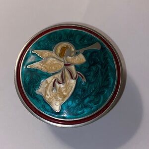 Aitkens Pewter Trinket-Memory Box-Enameled Lid Featuring Angel Design 2.25”